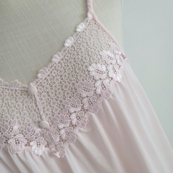 Shadowline Vintage Nylon Peignoir Pink Long Lace Sleevless Night Gown Robe Set S - Picture 9 of 16